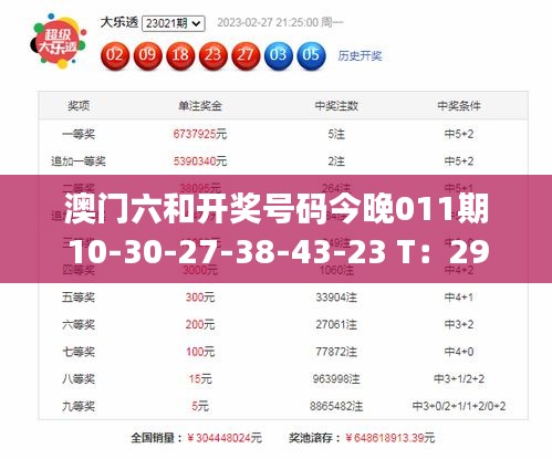 澳门六和开奖号码今晚011期10-30-27-38-43-23 T：29